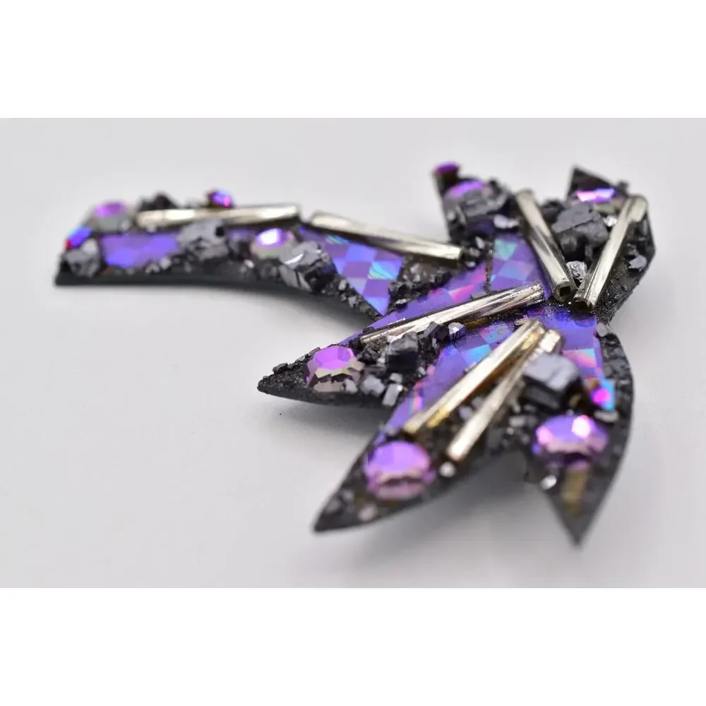 Vintage Designer Signed Palm Tree Brooch Purple Mosaic Galena Crystal Pin BinBI